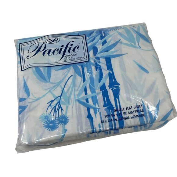 Pacific Blue Floral/Bamboo Double Flat Sheet 54x75 Mattress Vintage Cotton Blend - Picture 1 of 5